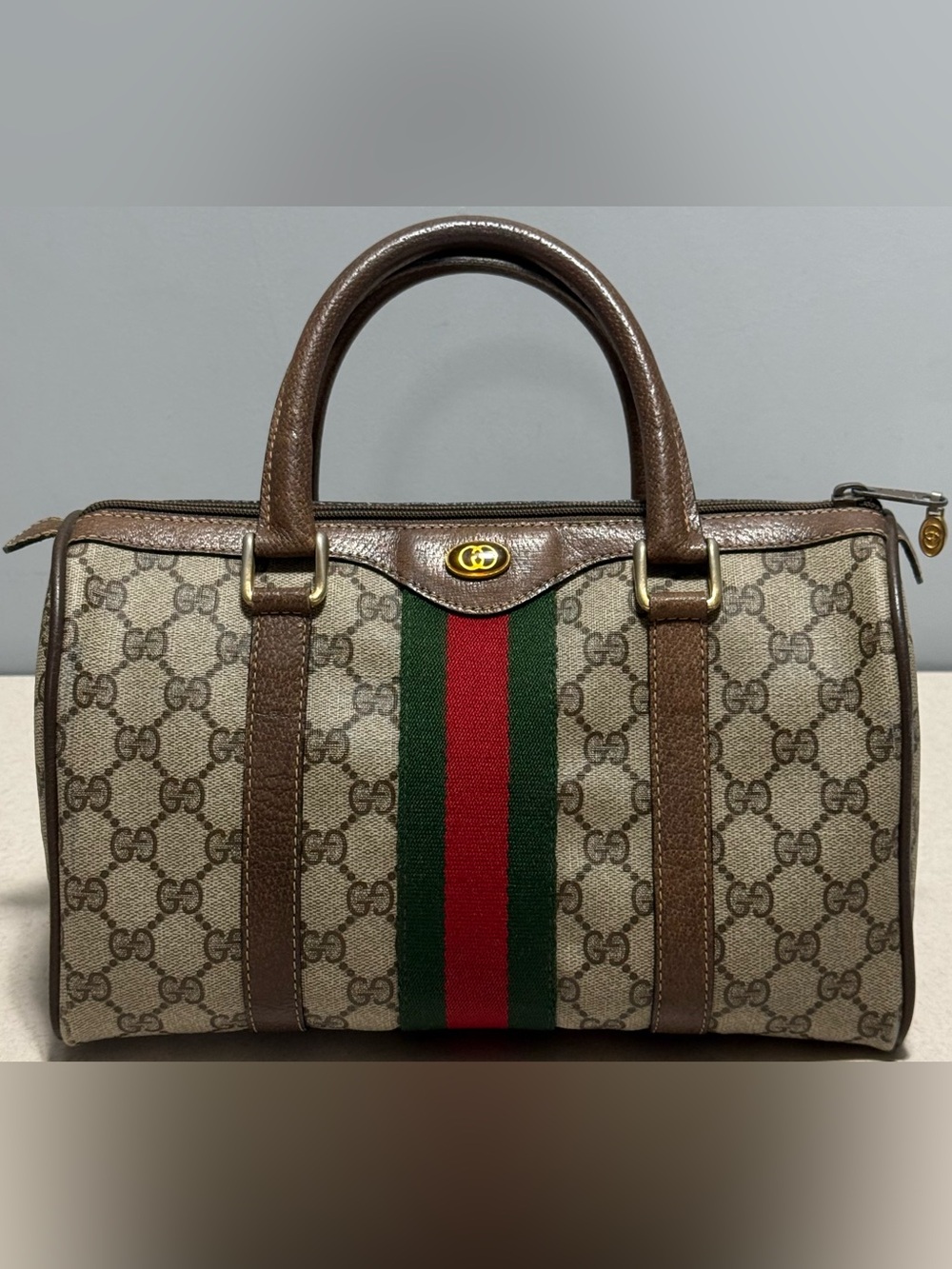 Vintage Gucci Beige Monogram Satchel with Green and Red Web Stripe